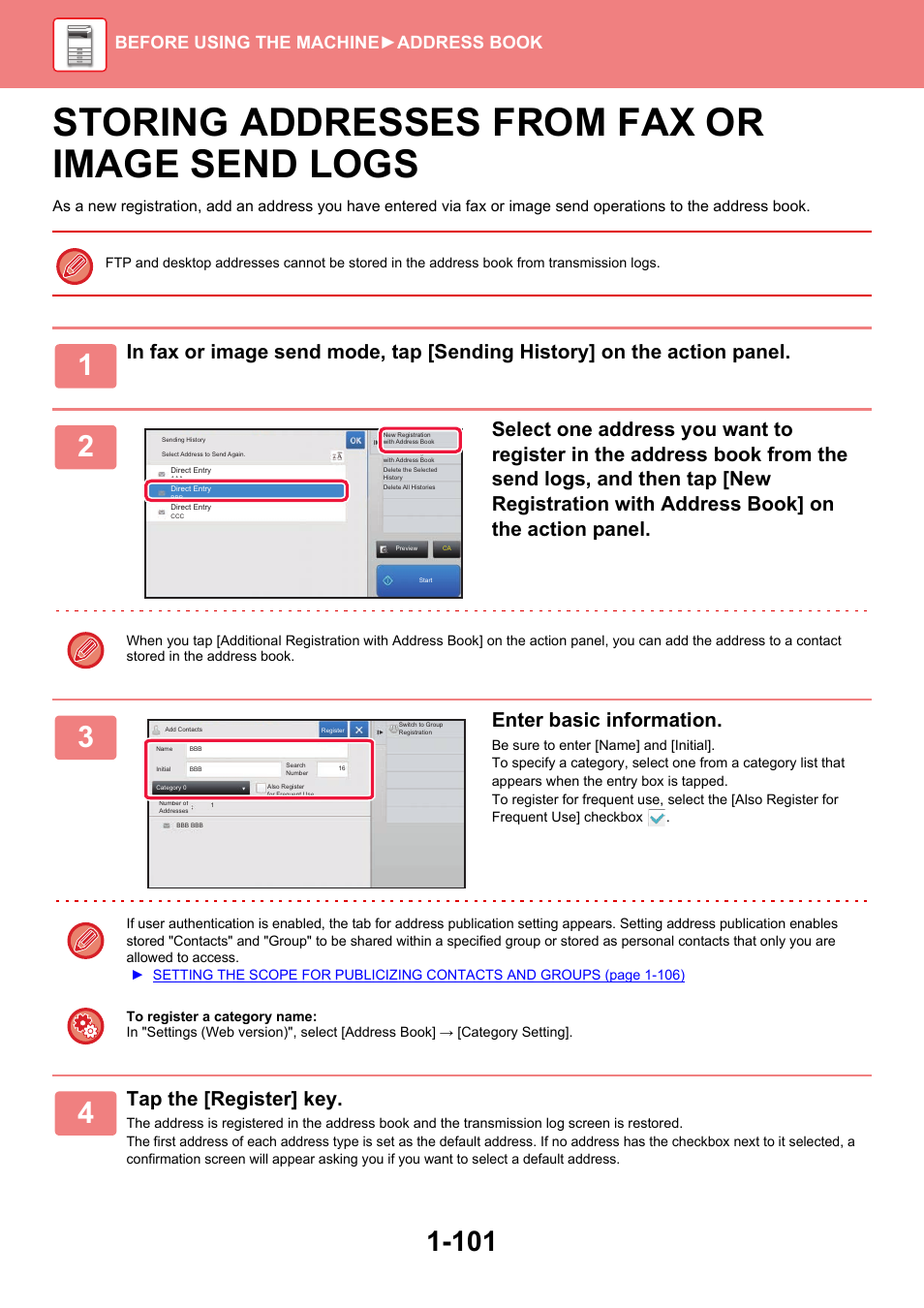 Storing addresses from fax or image send logs -101, Storing addresses from fax or image send logs, Enter basic information | Tap the [register] key, Before using the machine ►address book | Sharp MX-6070N User Manual | Page 104 / 935