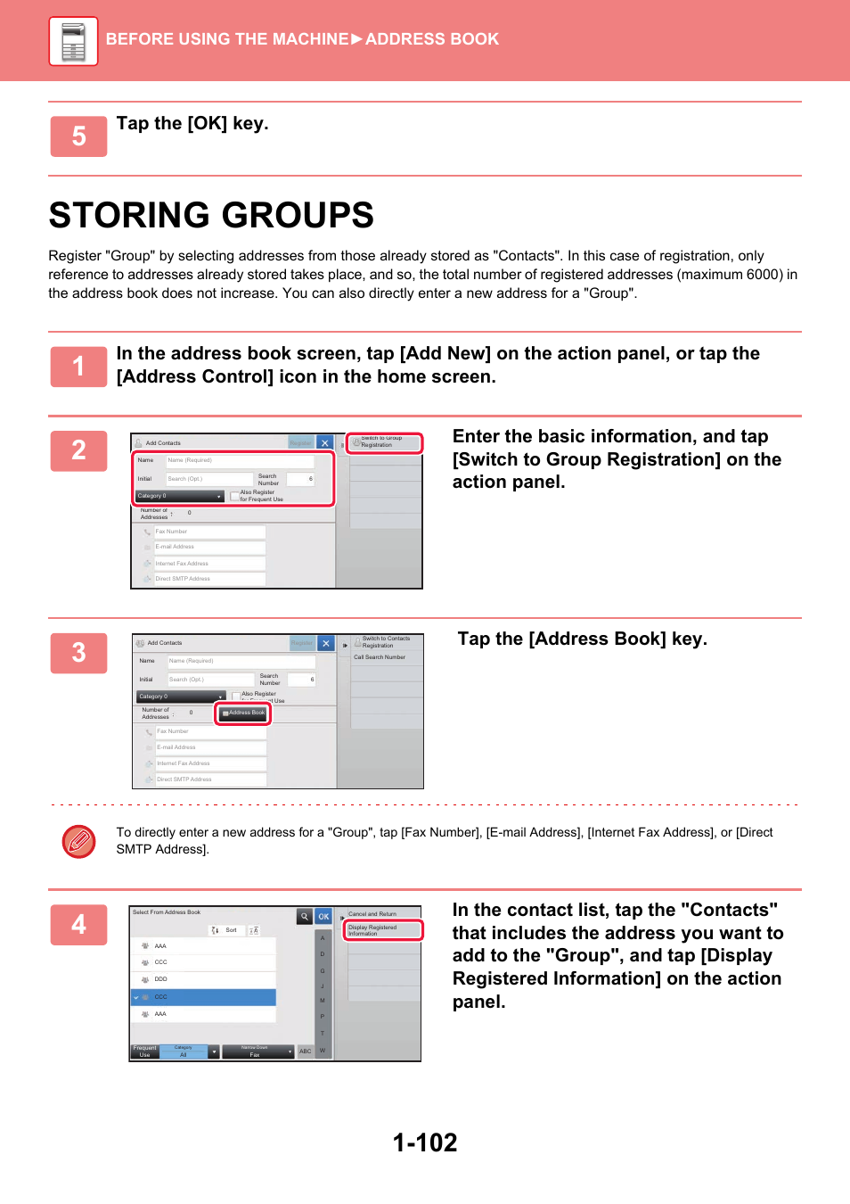 Storing groups -102, Storing groups, Tap the [ok] key | Tap the [address book] key, Before using the machine ►address book | Sharp MX-6070N User Manual | Page 105 / 935