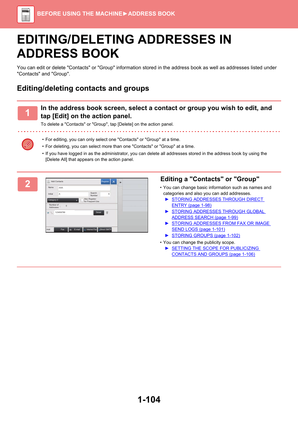 Editing/deleting addresses in address book -104, Editing/deleting addresses in address book, Editing/deleting contacts and groups | Editing a "contacts" or "group, Before using the machine ►address book | Sharp MX-6070N User Manual | Page 107 / 935