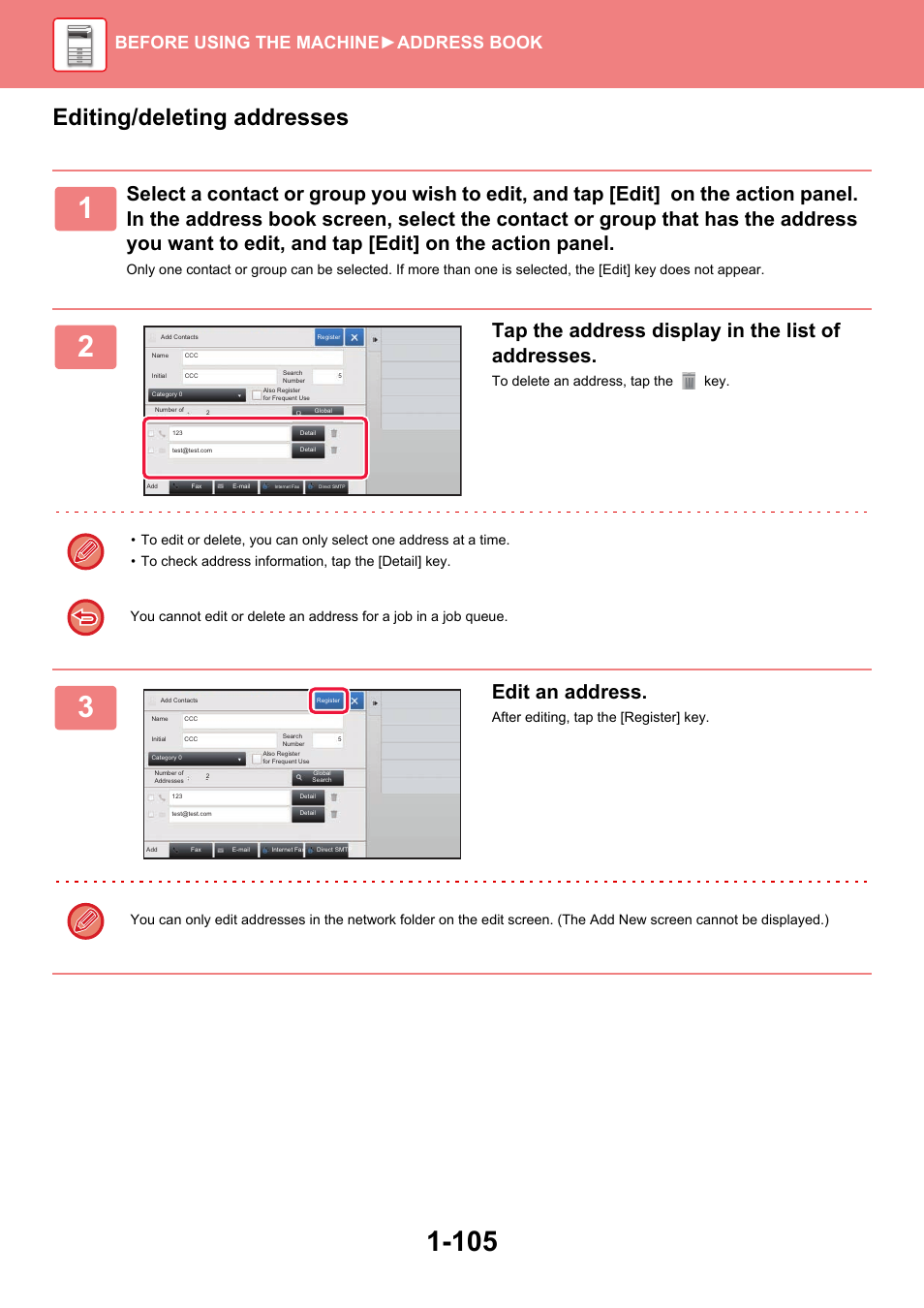 Editing/deleting addresses, Tap the address display in the list of addresses, Edit an address | Before using the machine ►address book | Sharp MX-6070N User Manual | Page 108 / 935