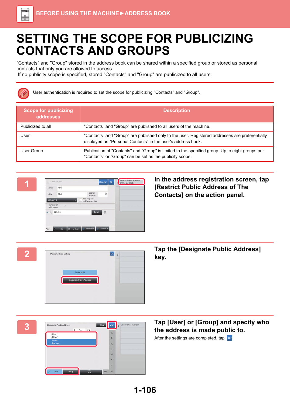 Setting the scope for publicizing, Tap the [designate public address] key, Before using the machine ►address book | Scope for publicizing addresses description | Sharp MX-6070N User Manual | Page 109 / 935