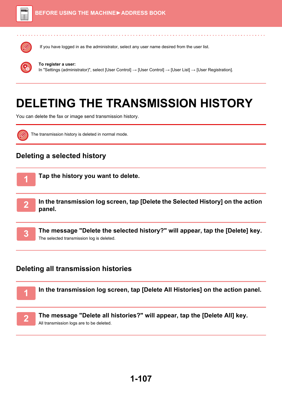 Deleting the transmission history -107, Deleting the transmission history | Sharp MX-6070N User Manual | Page 110 / 935