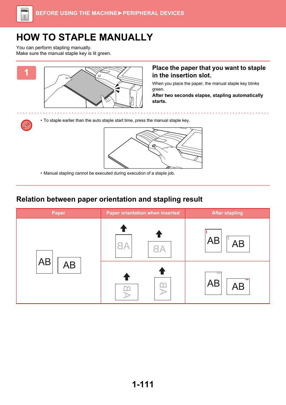 How to staple manually -111, How to staple manually | Sharp MX-6070N User Manual | Page 114 / 935