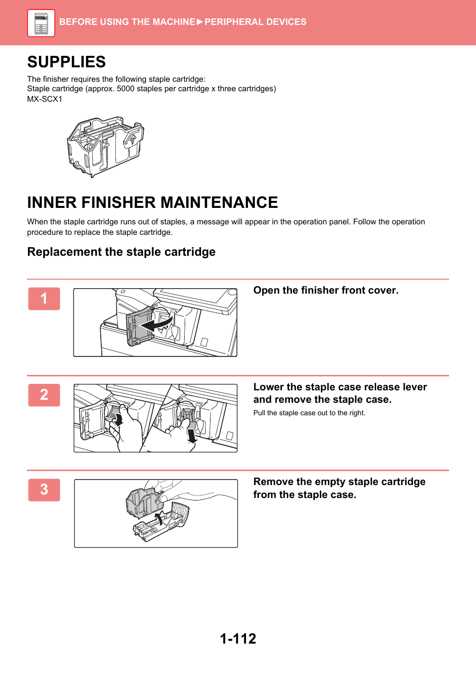 Supplies -112, Inner finisher maintenance -112, Supplies | Inner finisher maintenance | Sharp MX-6070N User Manual | Page 115 / 935