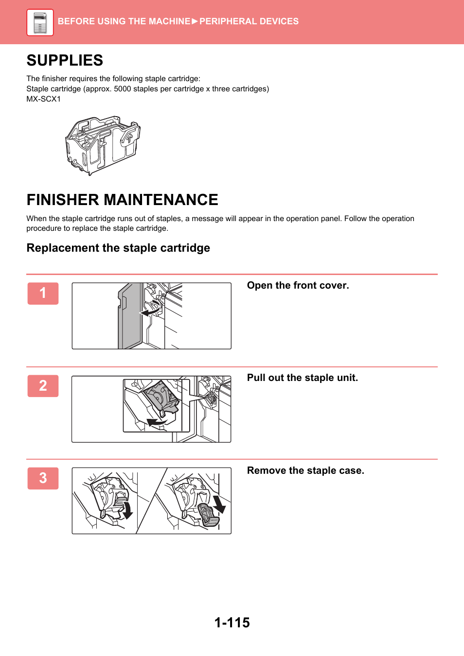 Supplies -115, Finisher maintenance -115, Supplies | Finisher maintenance | Sharp MX-6070N User Manual | Page 118 / 935