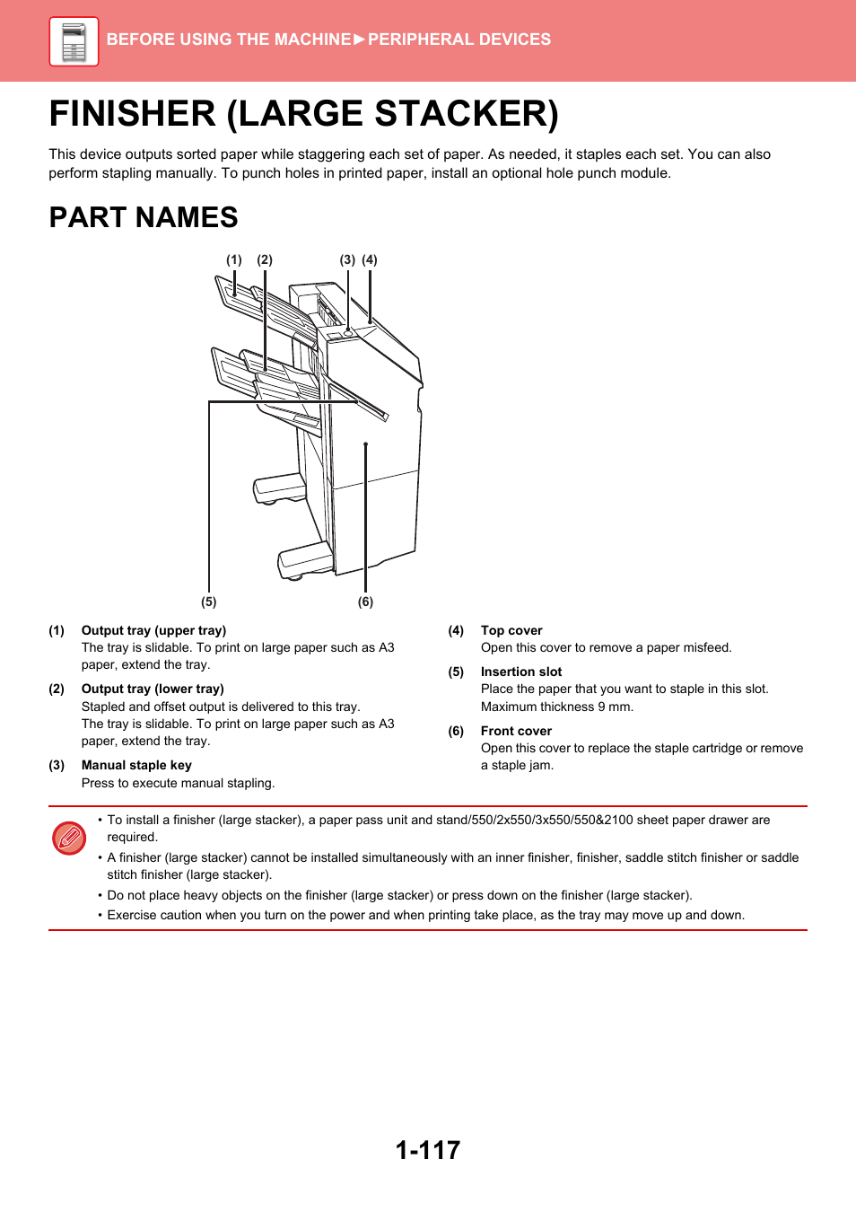 Finisher (large stacker) -117, Part names -117, Finisher (large stacker) | Part names | Sharp MX-6070N User Manual | Page 120 / 935