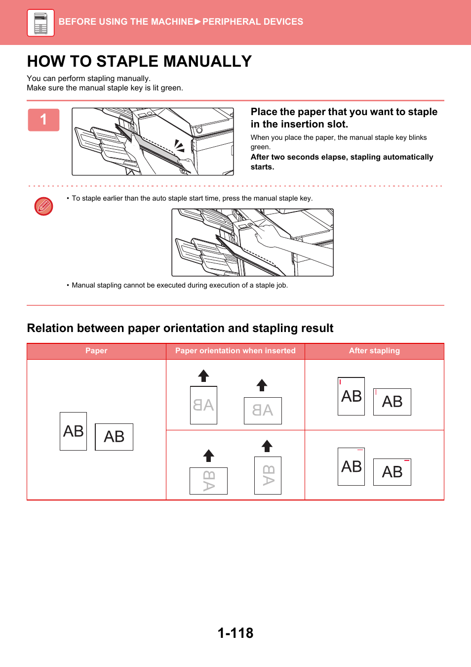 How to staple manually -118, How to staple manually | Sharp MX-6070N User Manual | Page 121 / 935