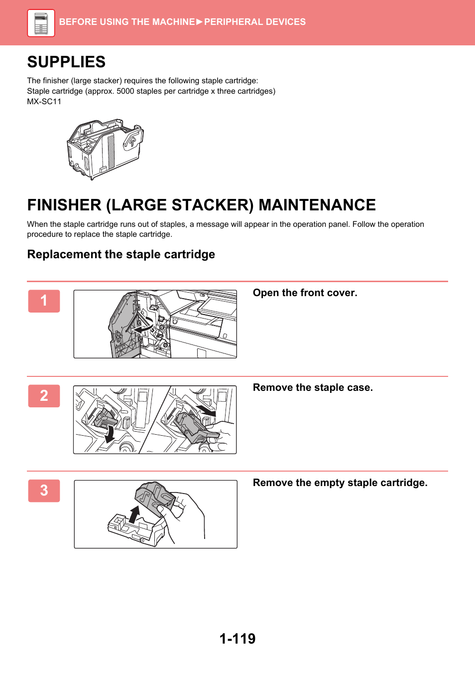 Supplies -119, Finisher (large stacker), Maintenance -119 | Supplies, Finisher (large stacker) maintenance | Sharp MX-6070N User Manual | Page 122 / 935