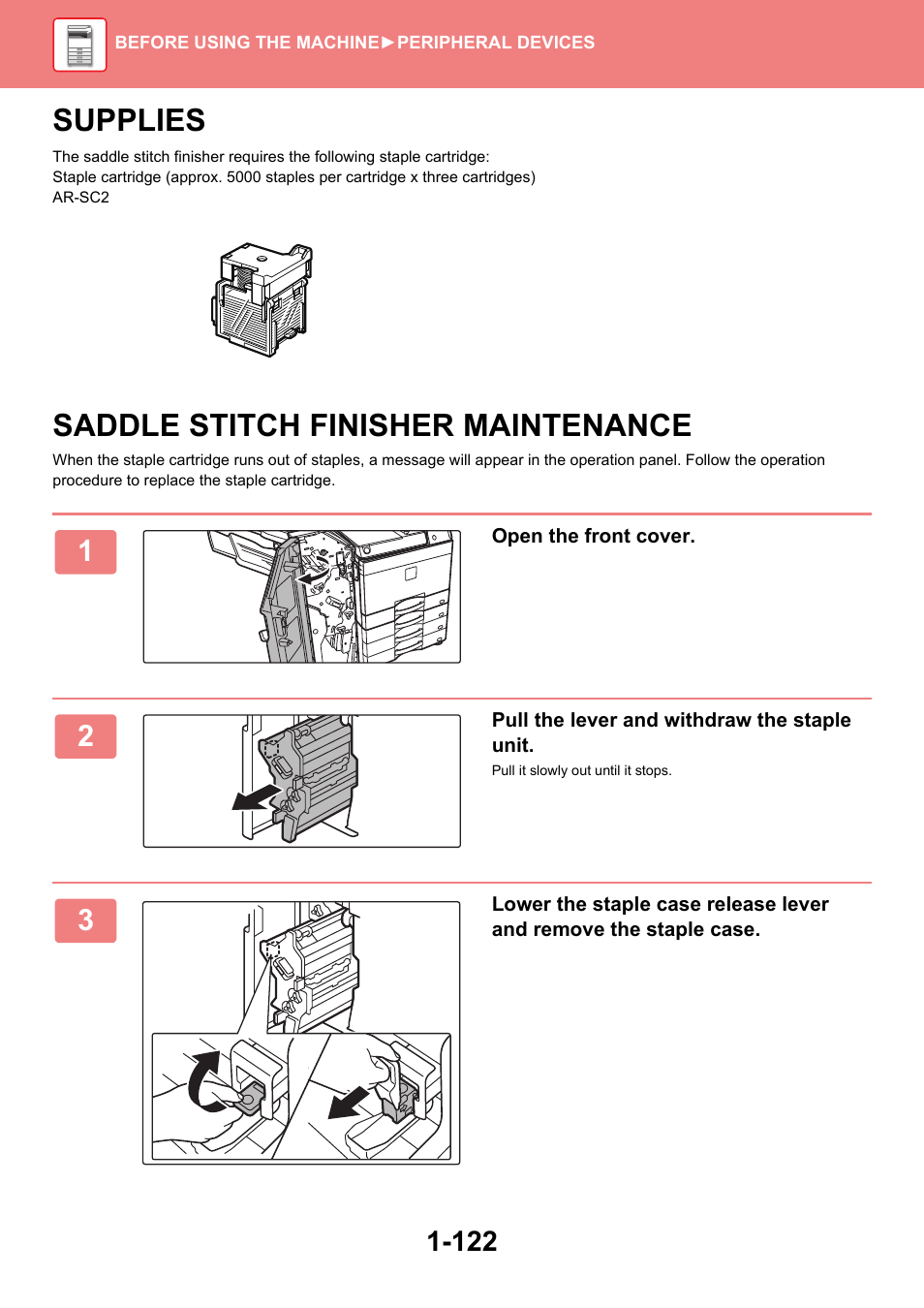 Supplies -122, Saddle stitch finisher maintenance -122, Supplies | Saddle stitch finisher maintenance | Sharp MX-6070N User Manual | Page 125 / 935