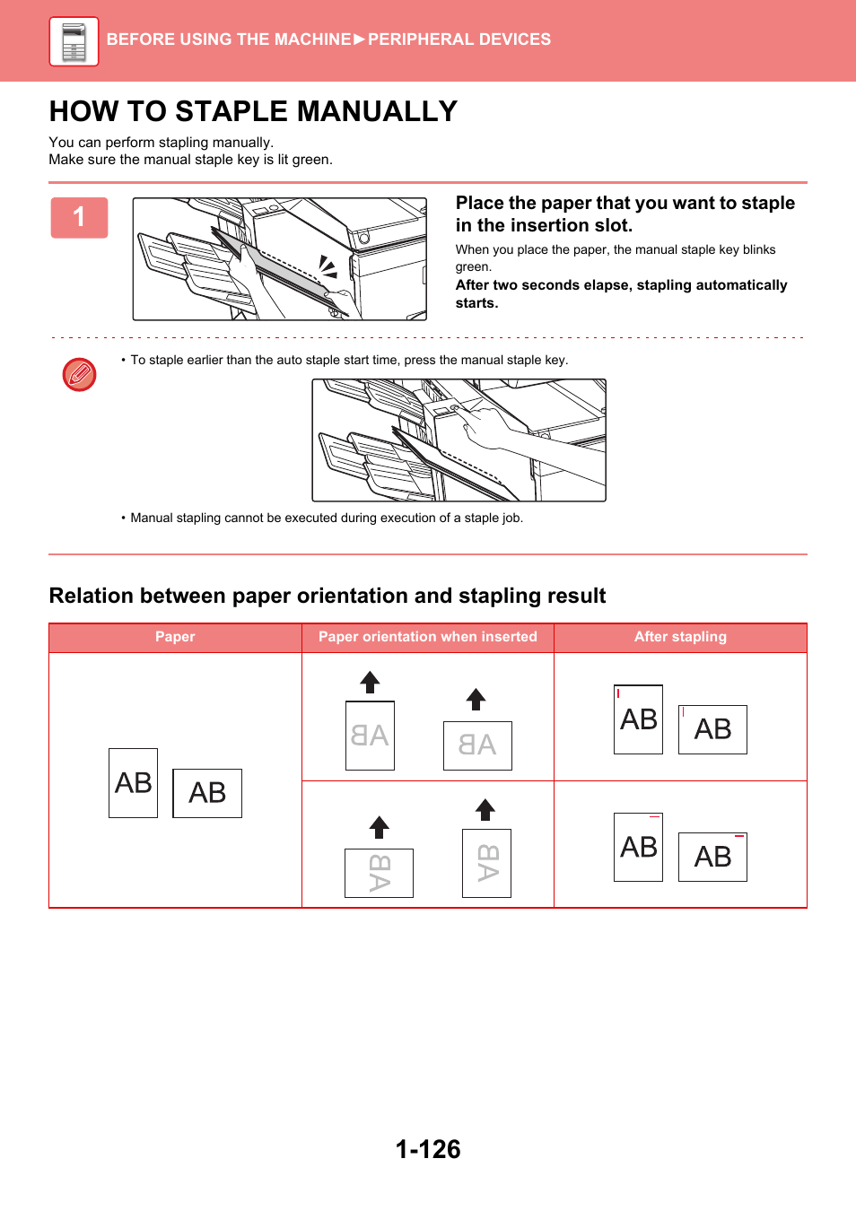 How to staple manually -126, How to staple manually | Sharp MX-6070N User Manual | Page 129 / 935