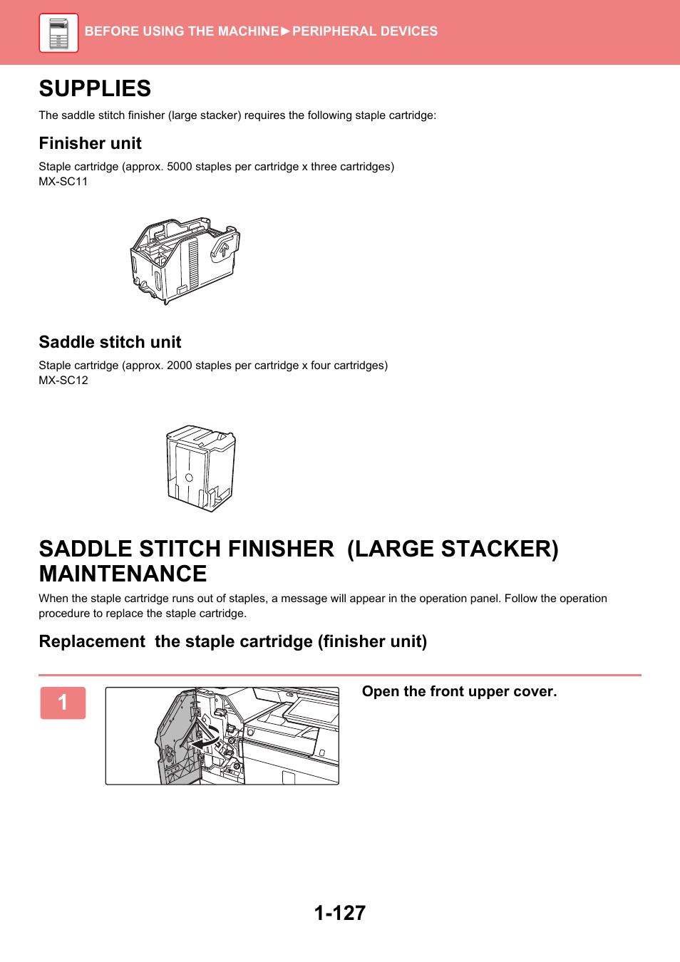 Supplies -127, Saddle stitch finisher (large, Stacker) maintenance -127 | Supplies, Saddle stitch finisher (large stacker) maintenance | Sharp MX-6070N User Manual | Page 130 / 935