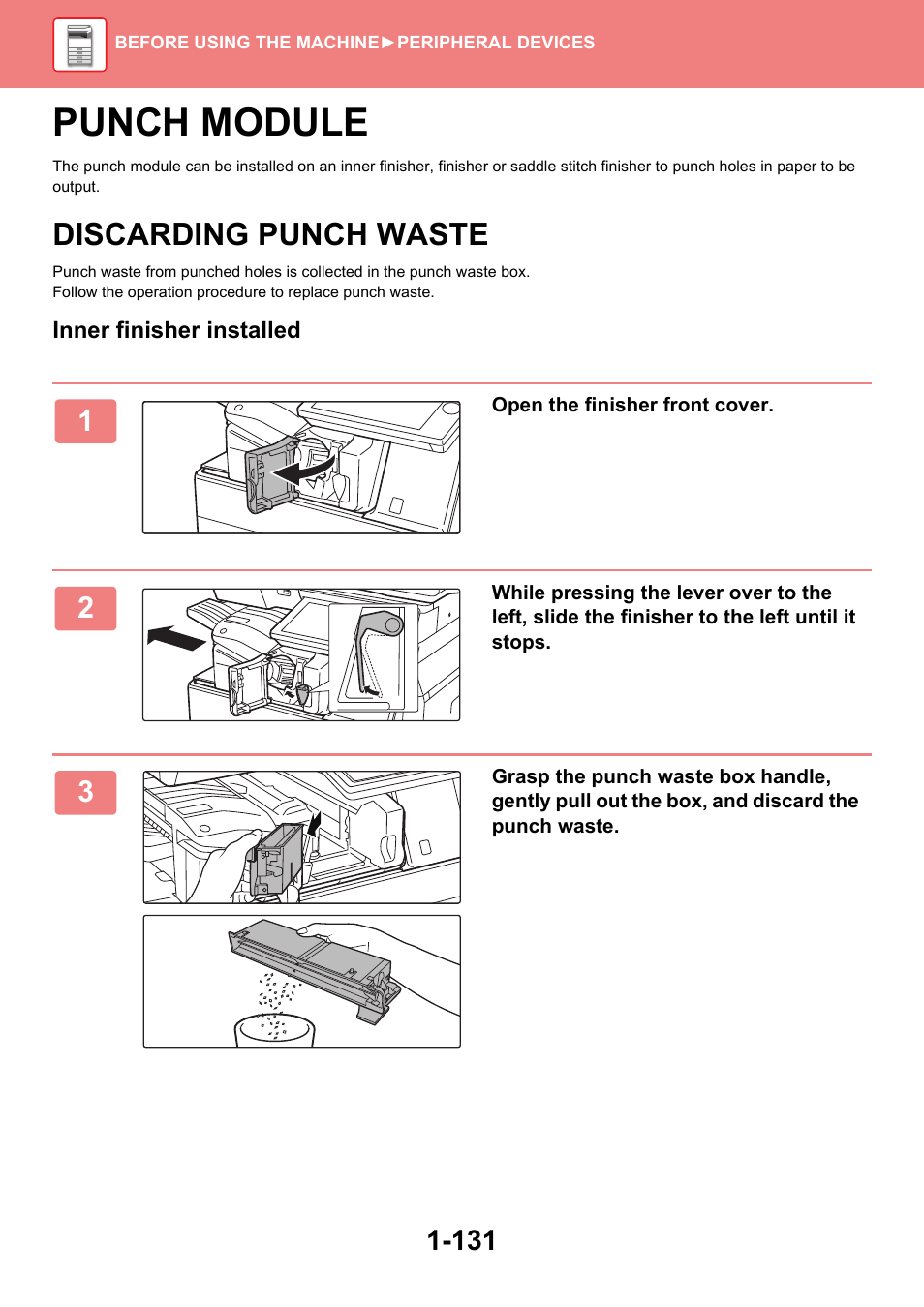 Punch module -131, Discarding punch waste -131, Punch module | Discarding punch waste | Sharp MX-6070N User Manual | Page 134 / 935