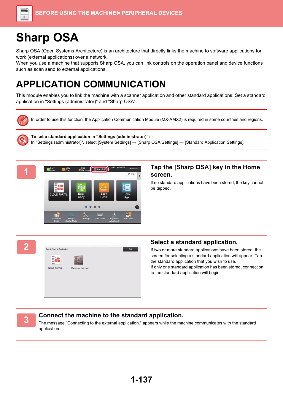 Sharp osa -137, Application communication -137, Sharp osa | Application communication, Tap the [sharp osa] key in the home screen, Select a standard application, Connect the machine to the standard application, Before using the machine ►peripheral devices | Sharp MX-6070N User Manual | Page 140 / 935