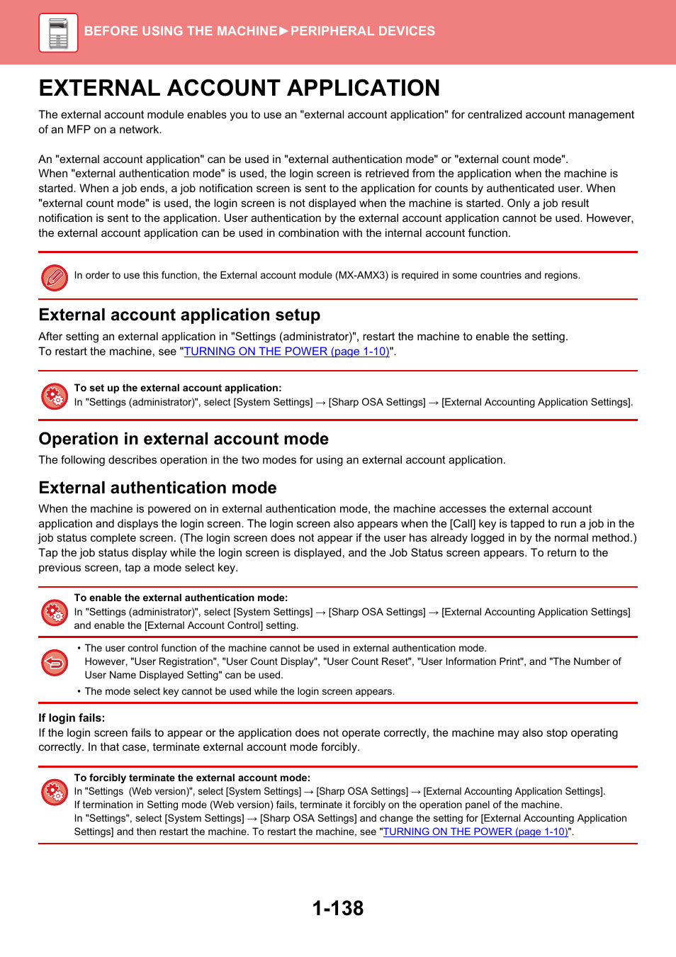 External account application -138, External account application, External account application setup | Operation in external account mode, External authentication mode | Sharp MX-6070N User Manual | Page 141 / 935