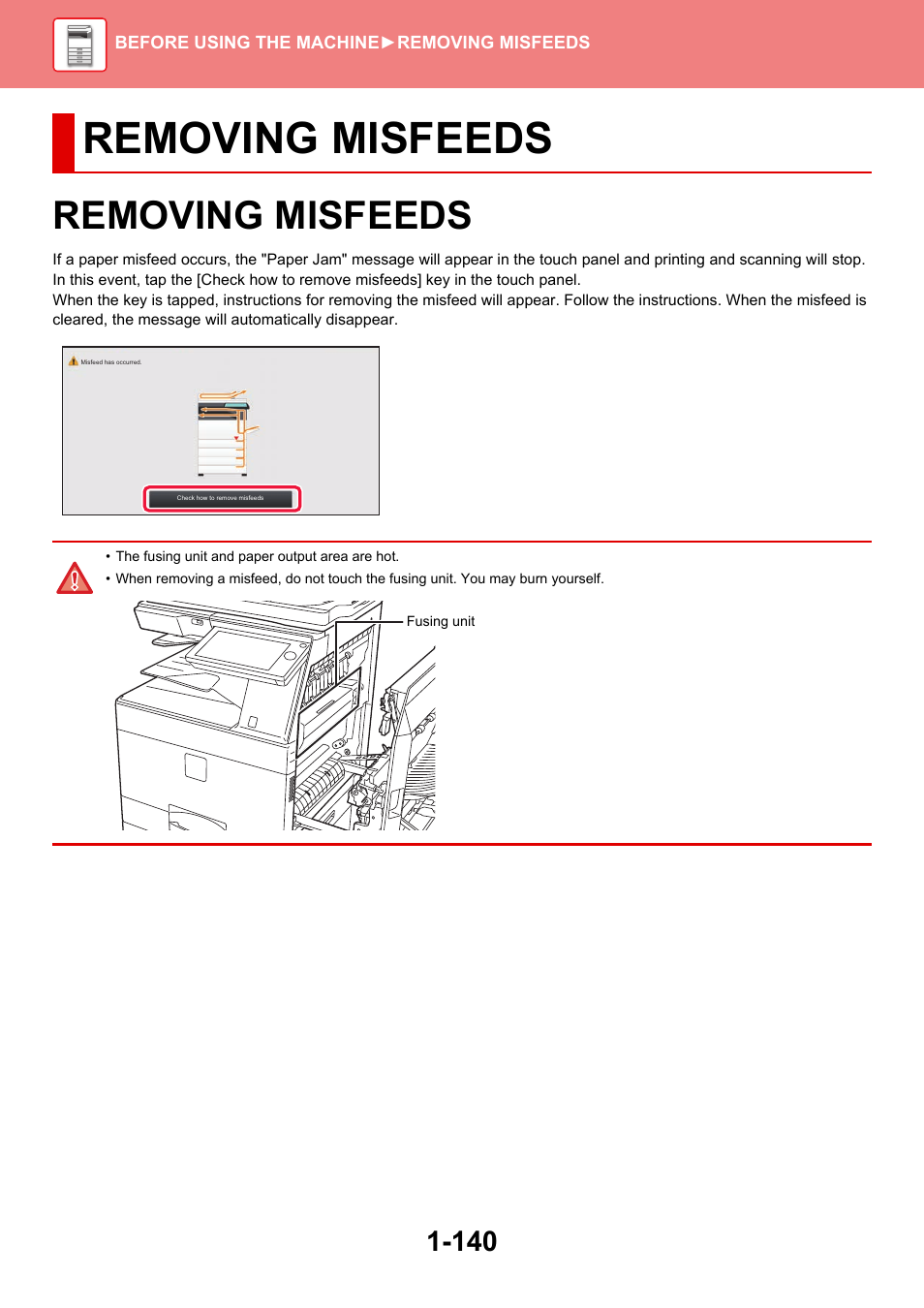 Removing misfeeds, Removing misfeeds -140 | Sharp MX-6070N User Manual | Page 143 / 935