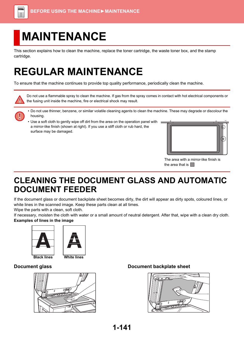 Maintenance, Regular maintenance -141, Cleaning the document glass and | Automatic document feeder -141, Regular maintenance | Sharp MX-6070N User Manual | Page 144 / 935