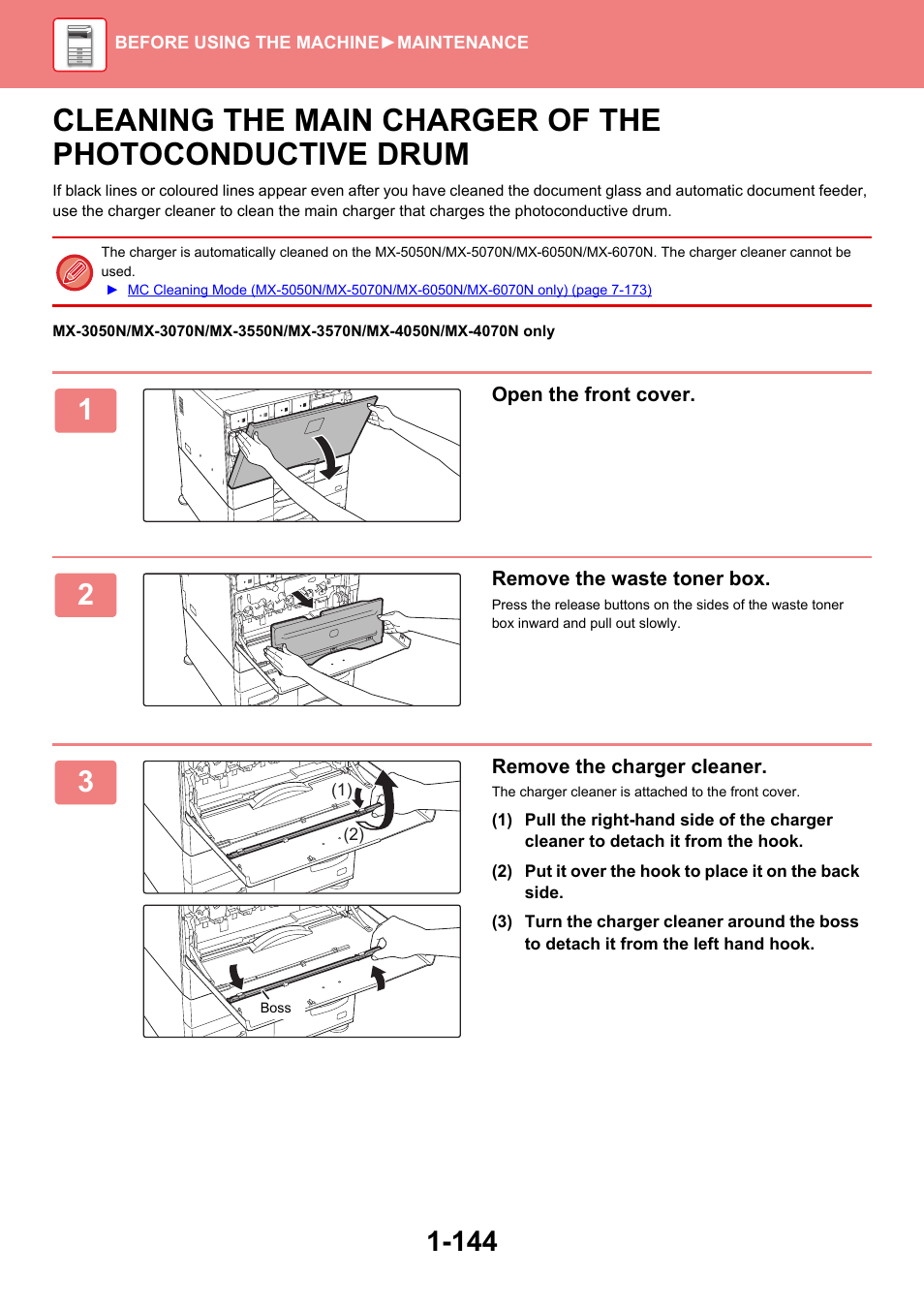 Cleaning the main charger of the, Photoconductive drum -144 | Sharp MX-6070N User Manual | Page 147 / 935