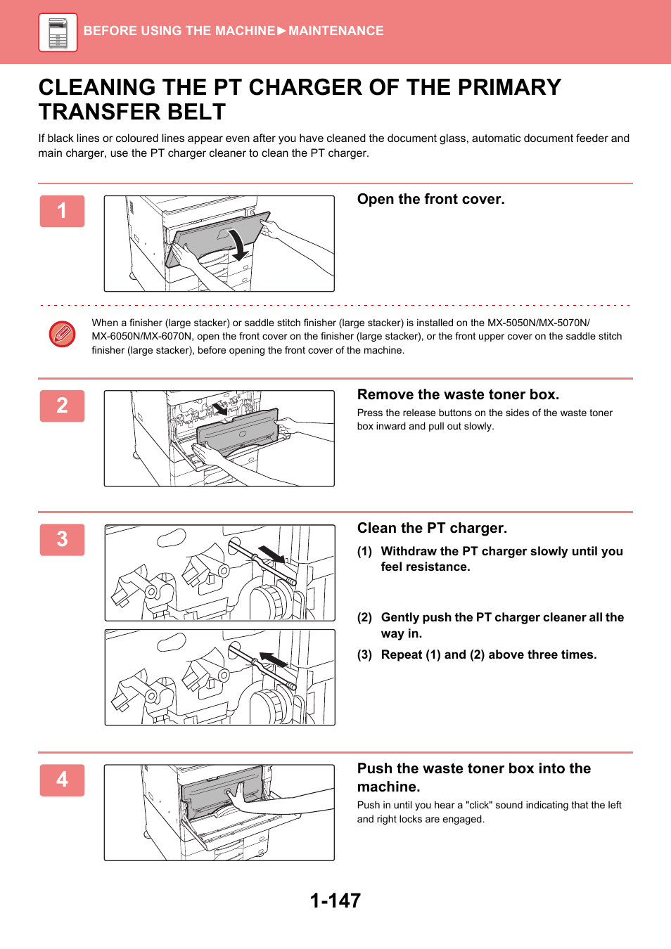 Cleaning the pt charger of the, Primary transfer belt -147 | Sharp MX-6070N User Manual | Page 150 / 935