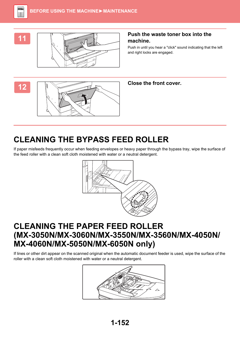 Cleaning the bypass feed roller -152, Cleaning the paper feed roller, Cleaning the bypass feed roller | Sharp MX-6070N User Manual | Page 155 / 935