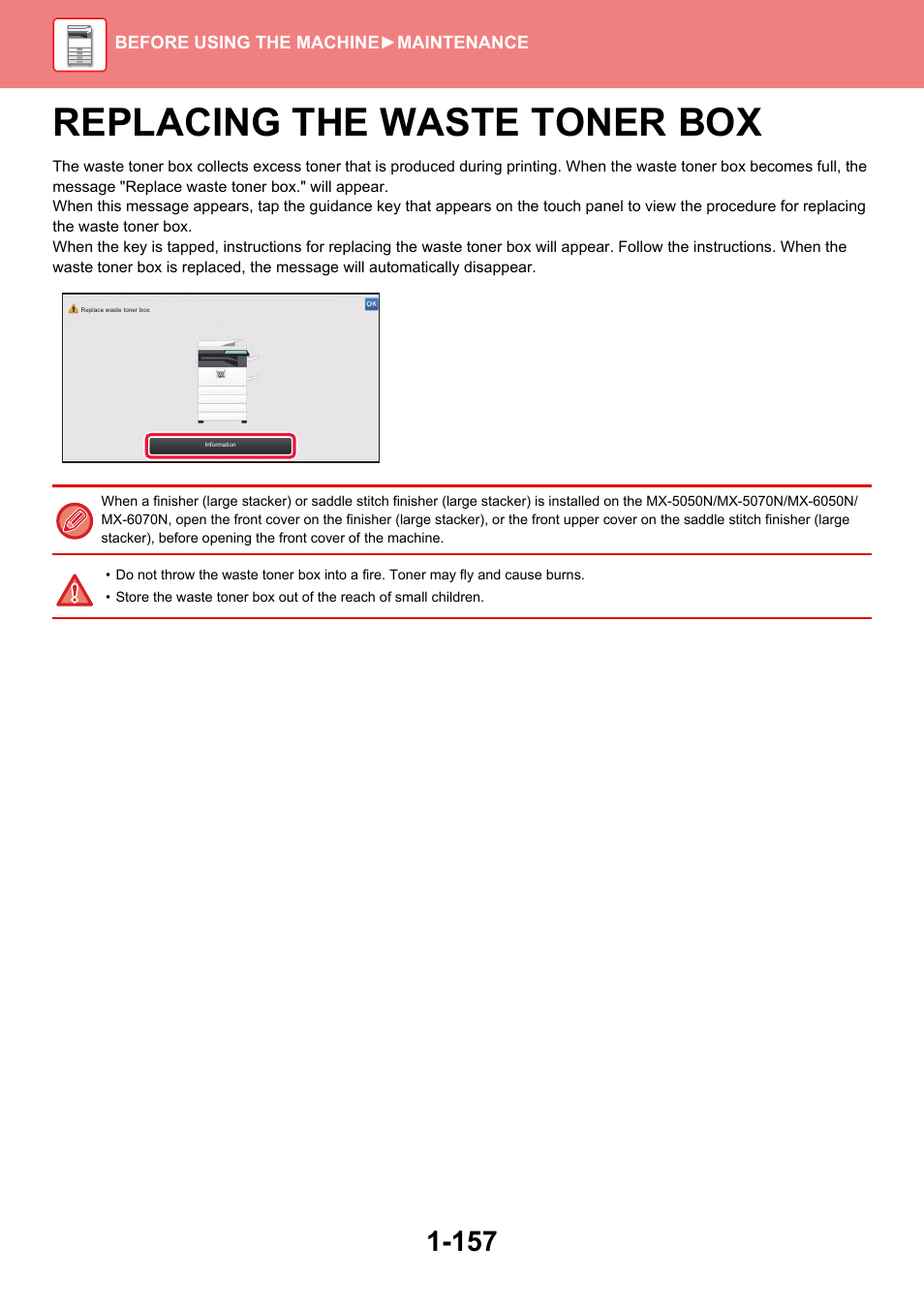 Replacing the waste toner box -157, Replacing the waste toner box | Sharp MX-6070N User Manual | Page 160 / 935