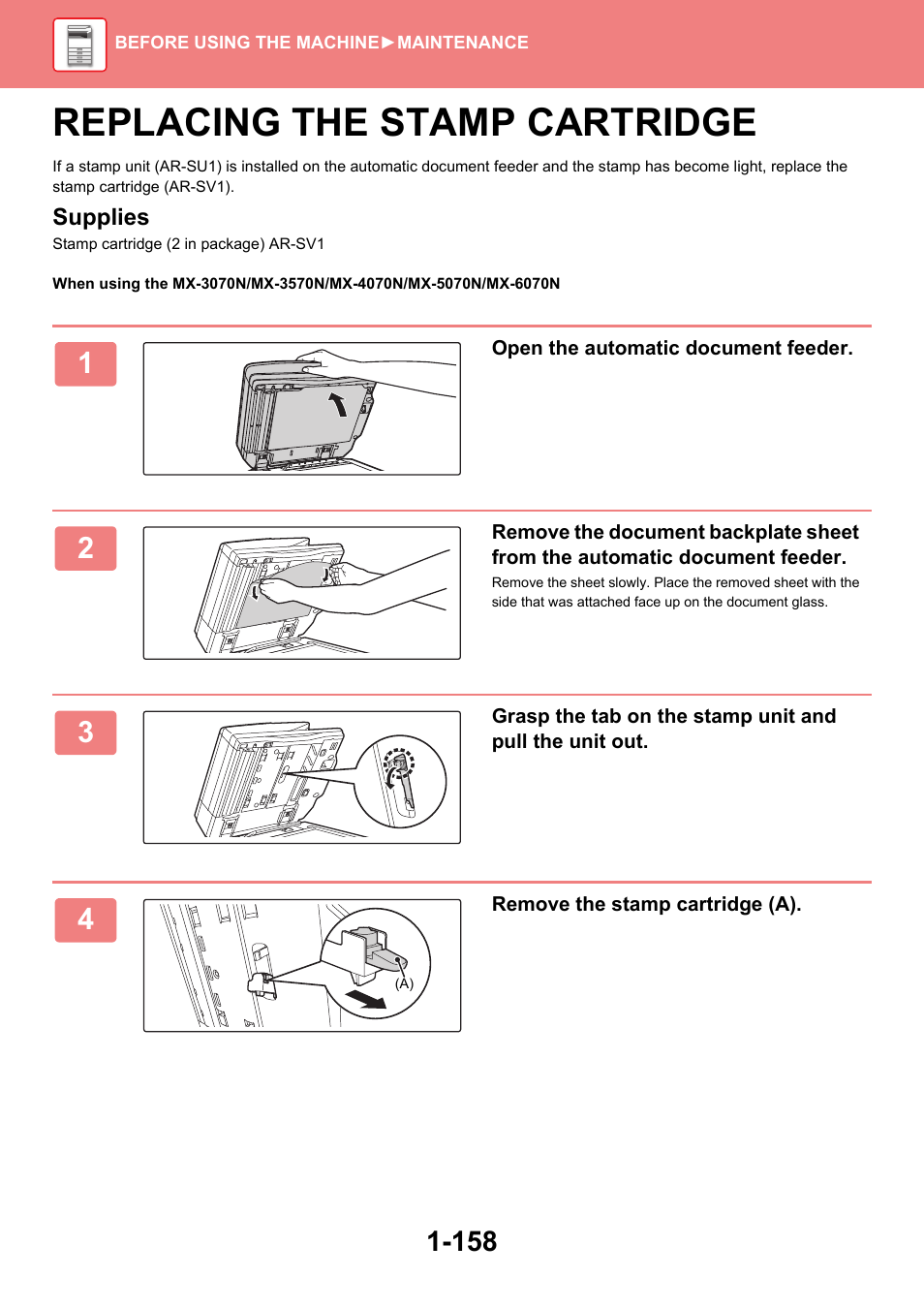 Replacing the stamp cartridge -158, Replacing the stamp cartridge | Sharp MX-6070N User Manual | Page 161 / 935