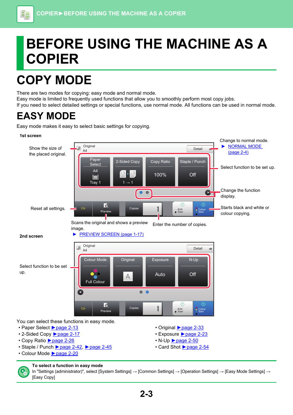 Before using the machine as a copier, Copy mode, Easy mode | Copier ► before using the machine as a copier | Sharp MX-6070N User Manual | Page 167 / 935