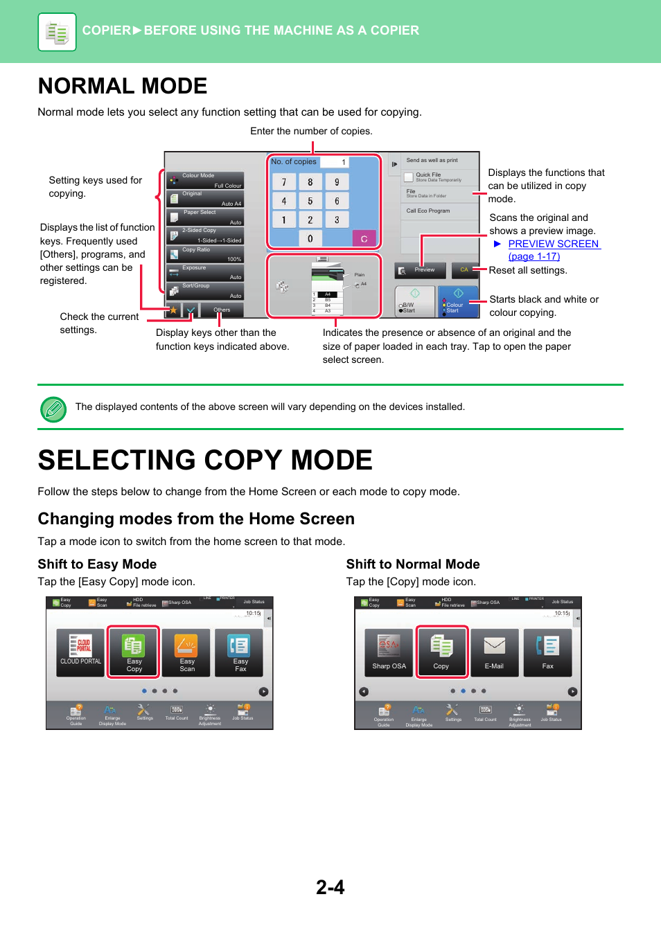 Normal mode, Selecting copy mode, Changing modes from the home screen | Shift to easy mode, Shift to normal mode, Copier ► before using the machine as a copier, Tap the [easy copy] mode icon, Tap the [copy] mode icon | Sharp MX-6070N User Manual | Page 168 / 935