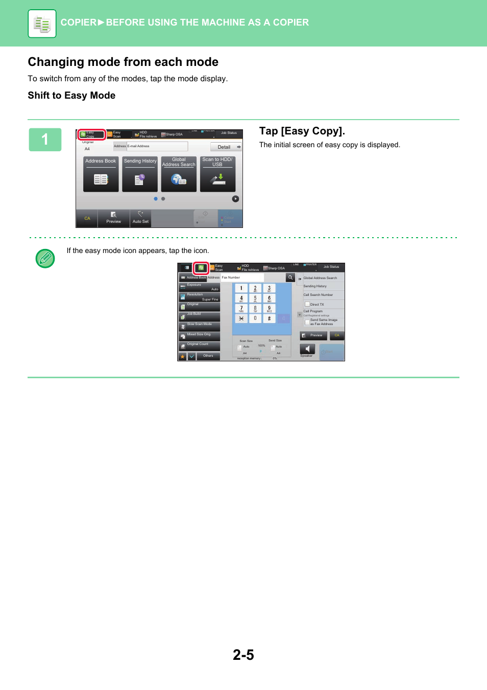 Changing mode from each mode, Tap [easy copy, Shift to easy mode | Copier ► before using the machine as a copier | Sharp MX-6070N User Manual | Page 169 / 935