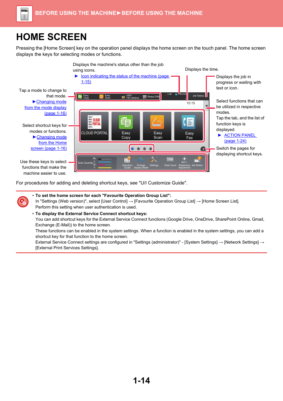 Home screen -14, Home screen, Before using the machine ►before using the machine | Sharp MX-6070N User Manual | Page 17 / 935