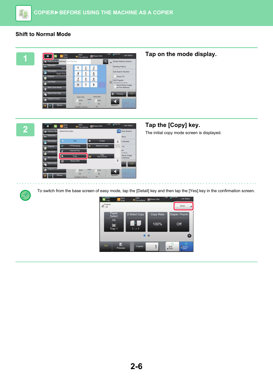 Tap on the mode display, Tap the [copy] key, Shift to normal mode | Copier ► before using the machine as a copier, 100% off | Sharp MX-6070N User Manual | Page 170 / 935