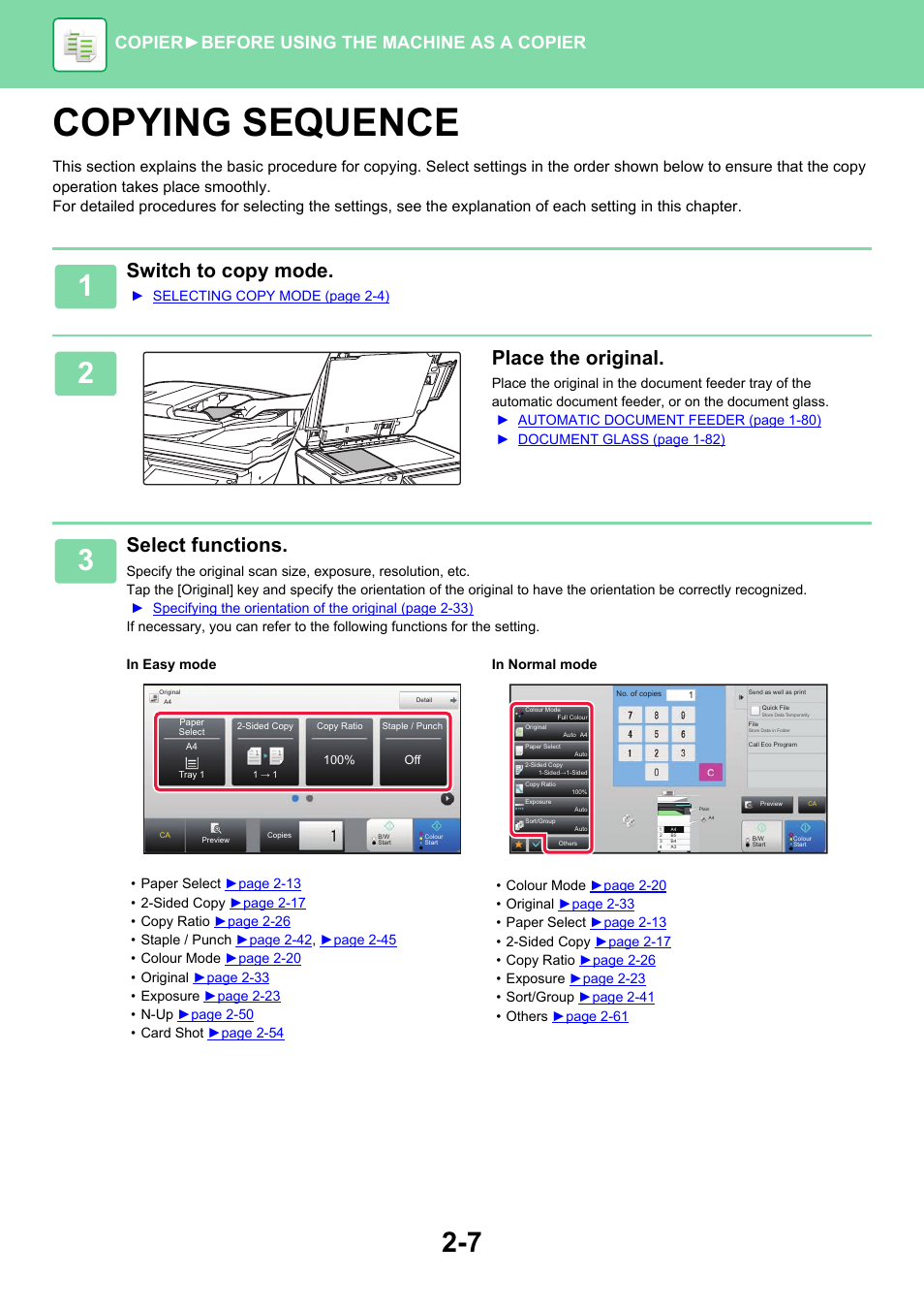 Copying sequence, Switch to copy mode, Place the original | Select functions, Copier ► before using the machine as a copier | Sharp MX-6070N User Manual | Page 171 / 935