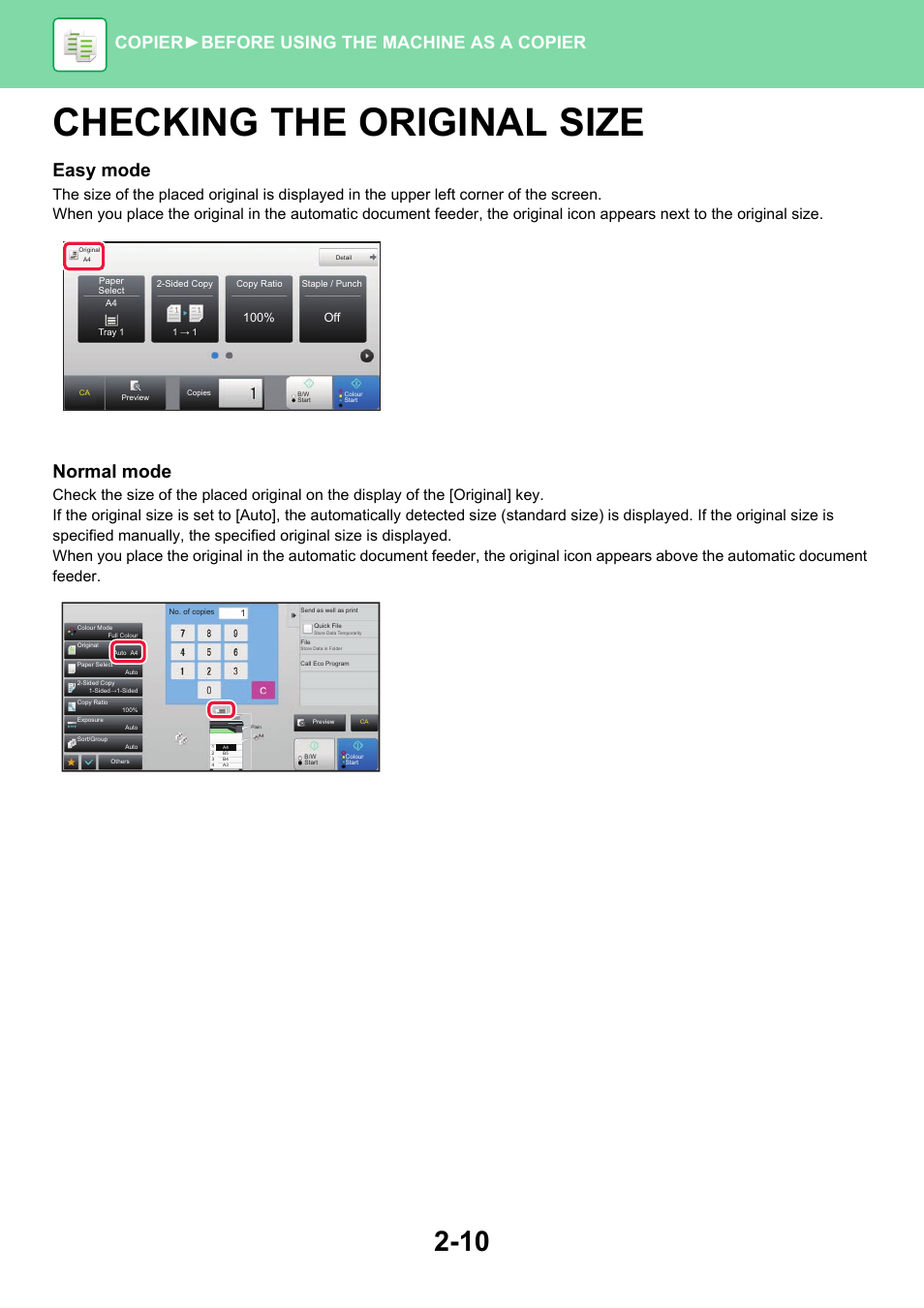 Checking the original size -10, Checking the original size, Easy mode | Normal mode, Copier ► before using the machine as a copier, 100% off | Sharp MX-6070N User Manual | Page 174 / 935