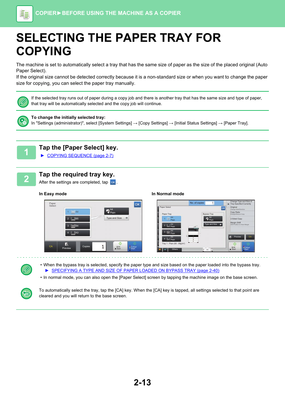 Selecting the paper tray for copying -13, Lect, Selecting the paper tray for copying | Tap the [paper select] key, Tap the required tray key, Copier ► before using the machine as a copier, Copying sequence (page 2-7) | Sharp MX-6070N User Manual | Page 177 / 935