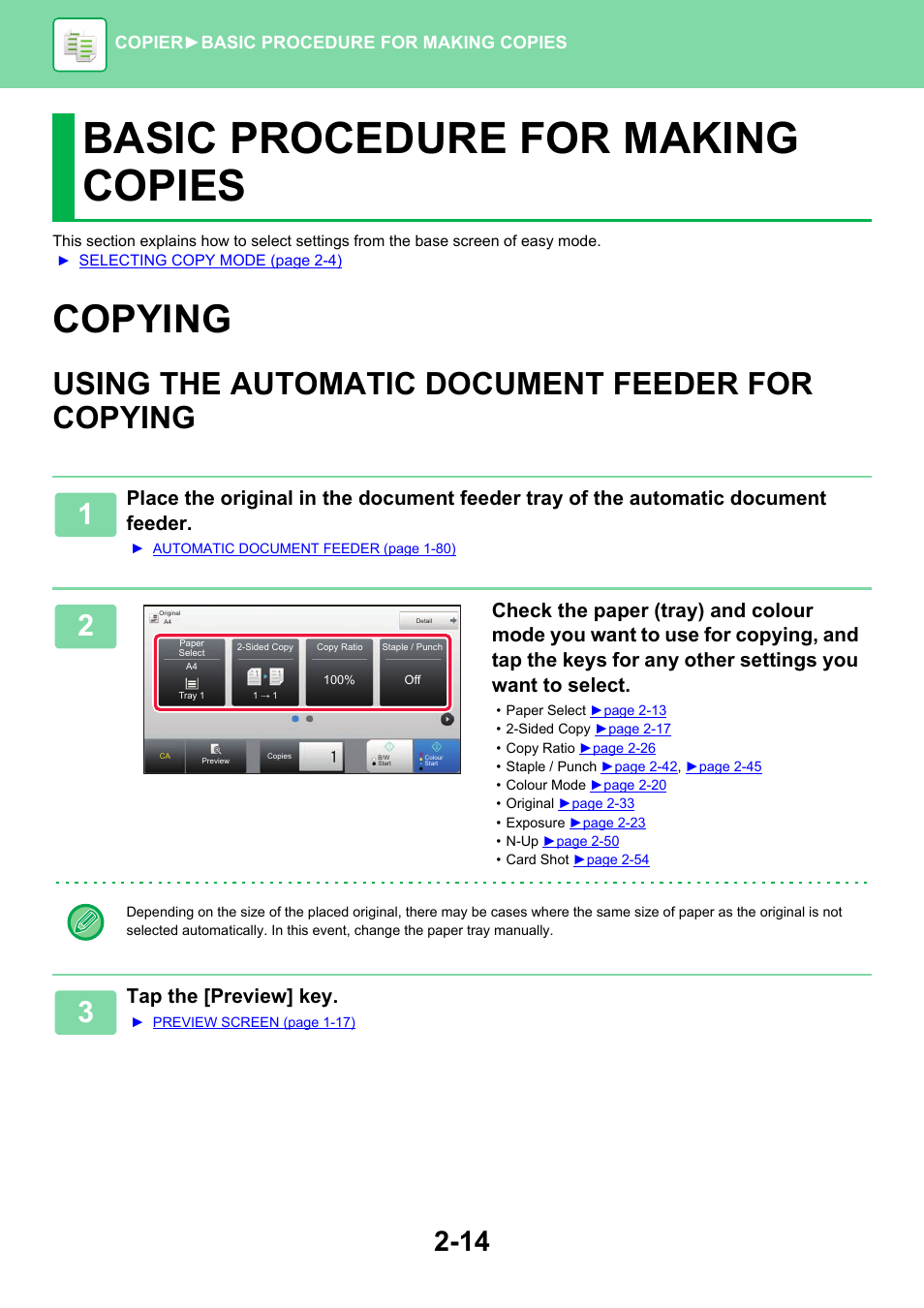 Basic procedure for making copies, Copying -14, Using the automatic document | Feeder for copying -14, Copying, Using the automatic document feeder for copying, Tap the [preview] key | Sharp MX-6070N User Manual | Page 178 / 935