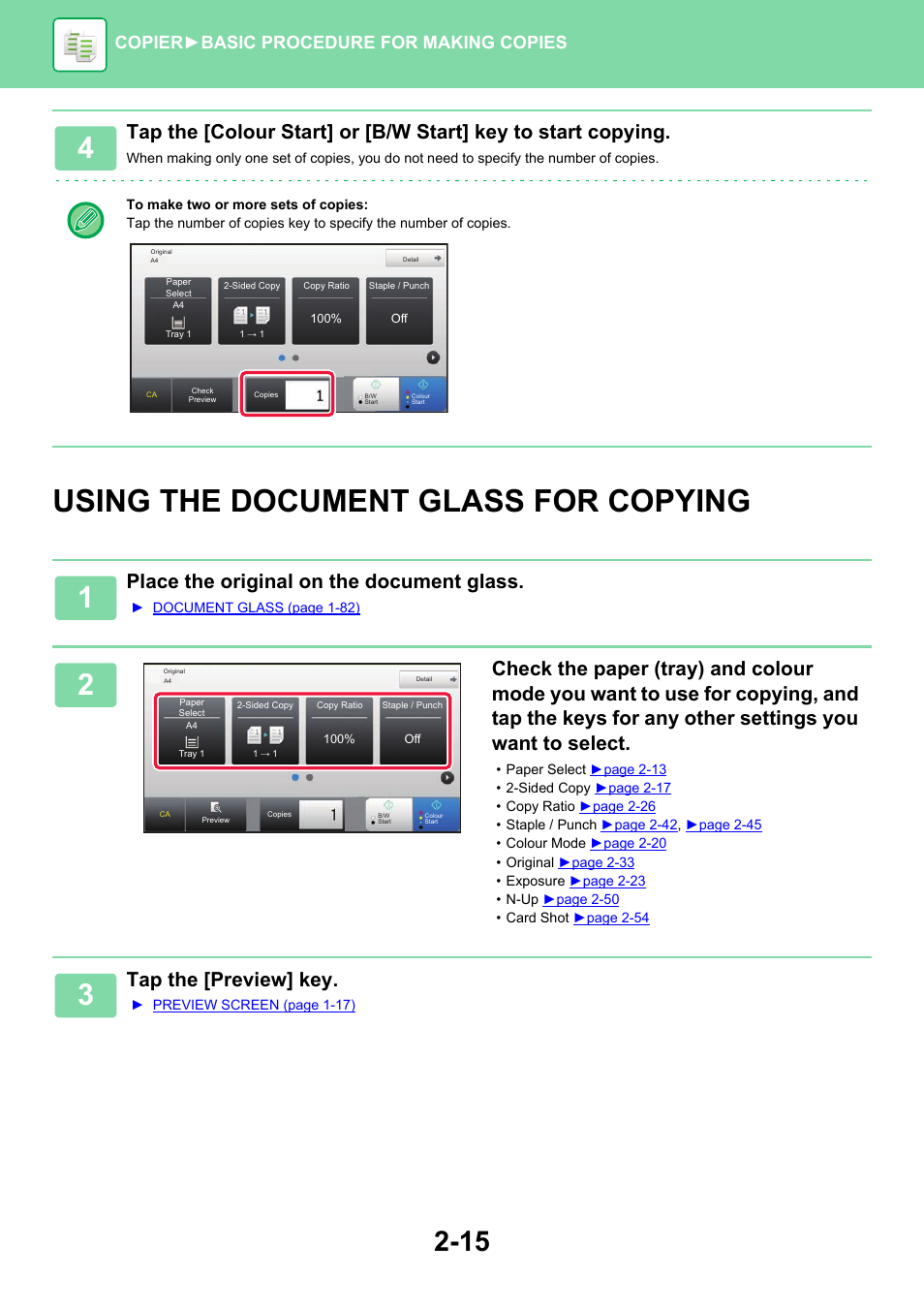 Using the document glass for, Copying -15, Using the document glass for copying | Place the original on the document glass, Tap the [preview] key, Copier ► basic procedure for making copies | Sharp MX-6070N User Manual | Page 179 / 935