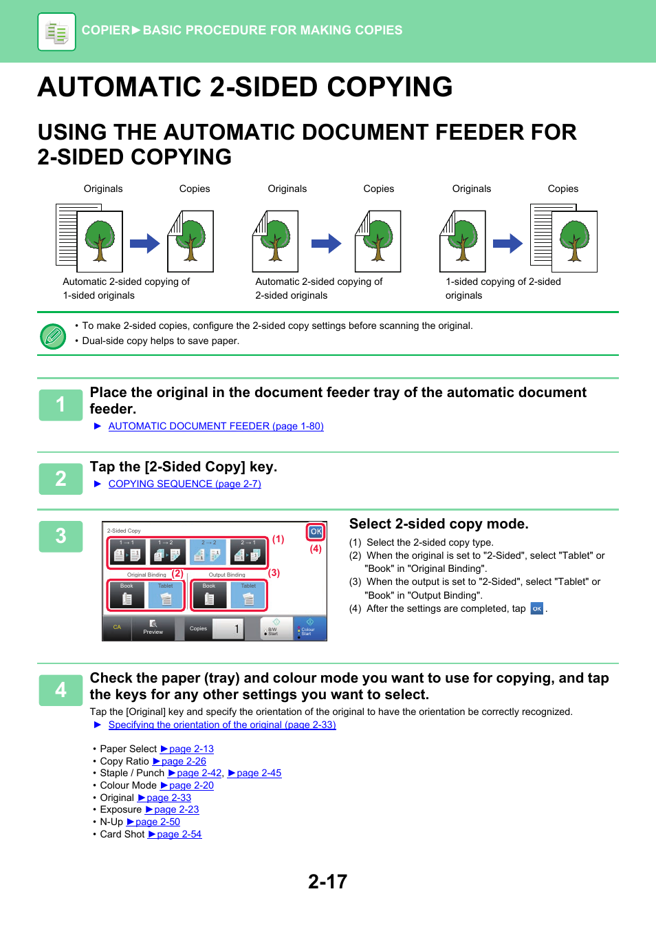 Automatic 2-sided copying -17, Using the automatic document, Feeder for 2-sided copying -17 | Automatic 2-sided copying, Tap the [2-sided copy] key, Select 2-sided copy mode | Sharp MX-6070N User Manual | Page 181 / 935