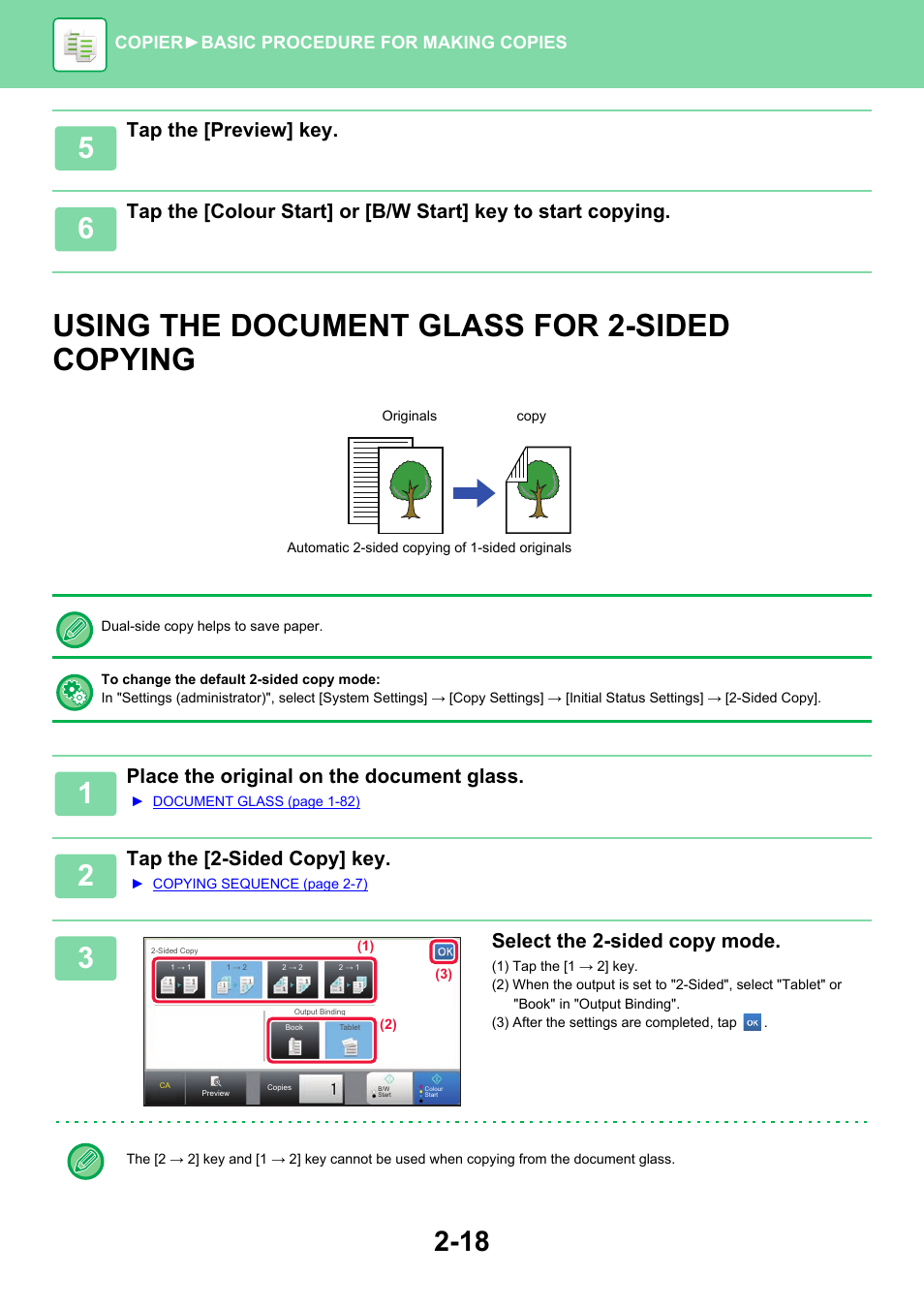 Using the document glass for, Sided copying -18, Using the document glass for 2-sided copying | Tap the [preview] key, Place the original on the document glass, Tap the [2-sided copy] key, Select the 2-sided copy mode | Sharp MX-6070N User Manual | Page 182 / 935