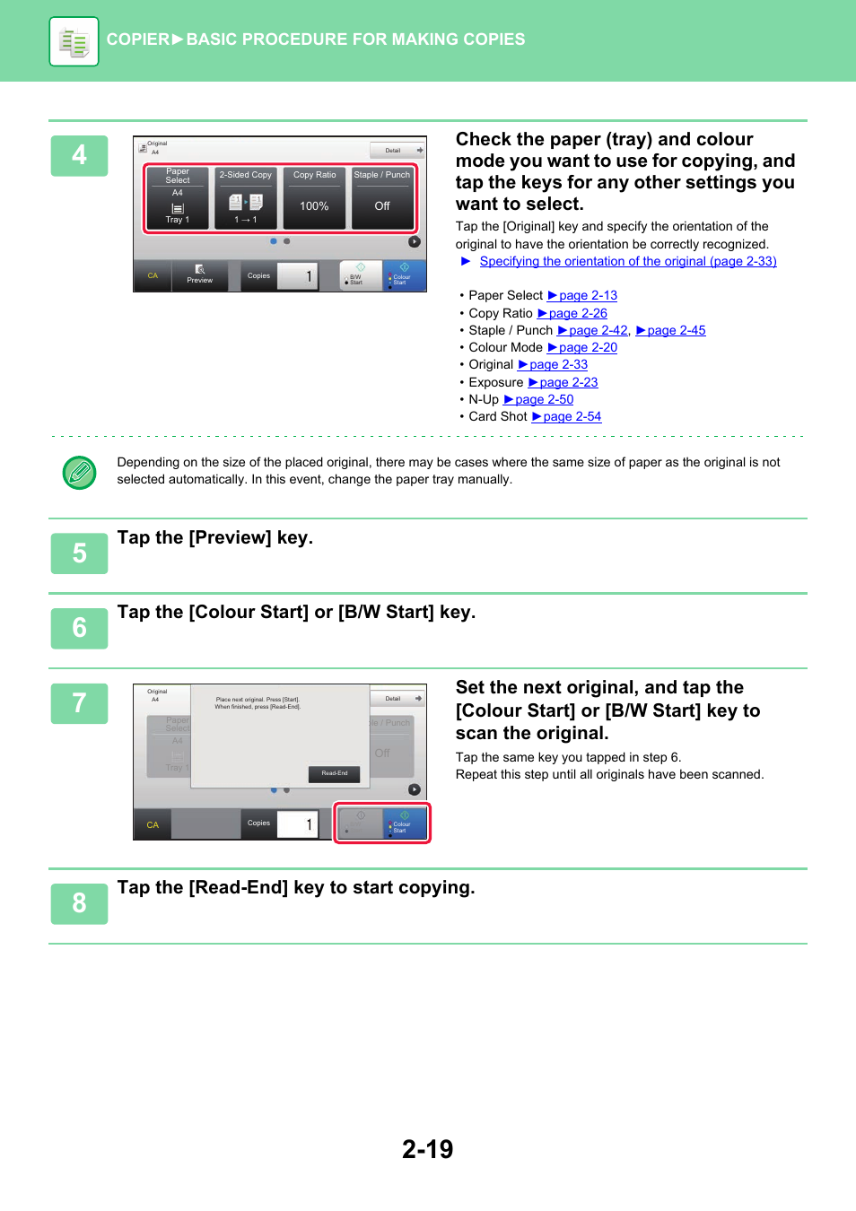 Tap the [preview] key, Tap the [colour start] or [b/w start] key, Tap the [read-end] key to start copying | Copier ► basic procedure for making copies | Sharp MX-6070N User Manual | Page 183 / 935