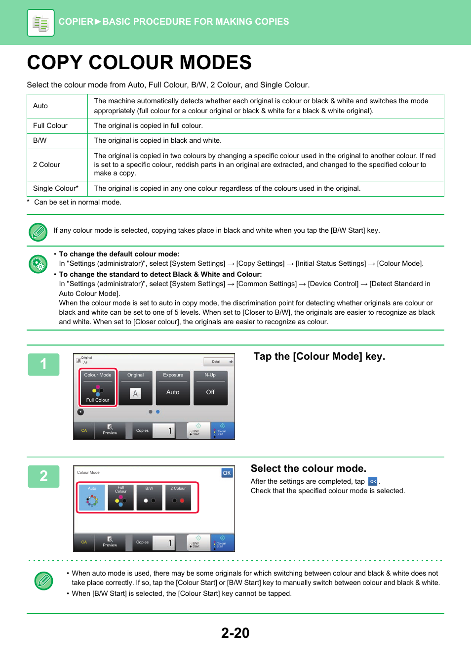 Copy colour modes -20, Our mode, Copy colour modes | Tap the [colour mode] key, Select the colour mode, Copier ► basic procedure for making copies | Sharp MX-6070N User Manual | Page 184 / 935