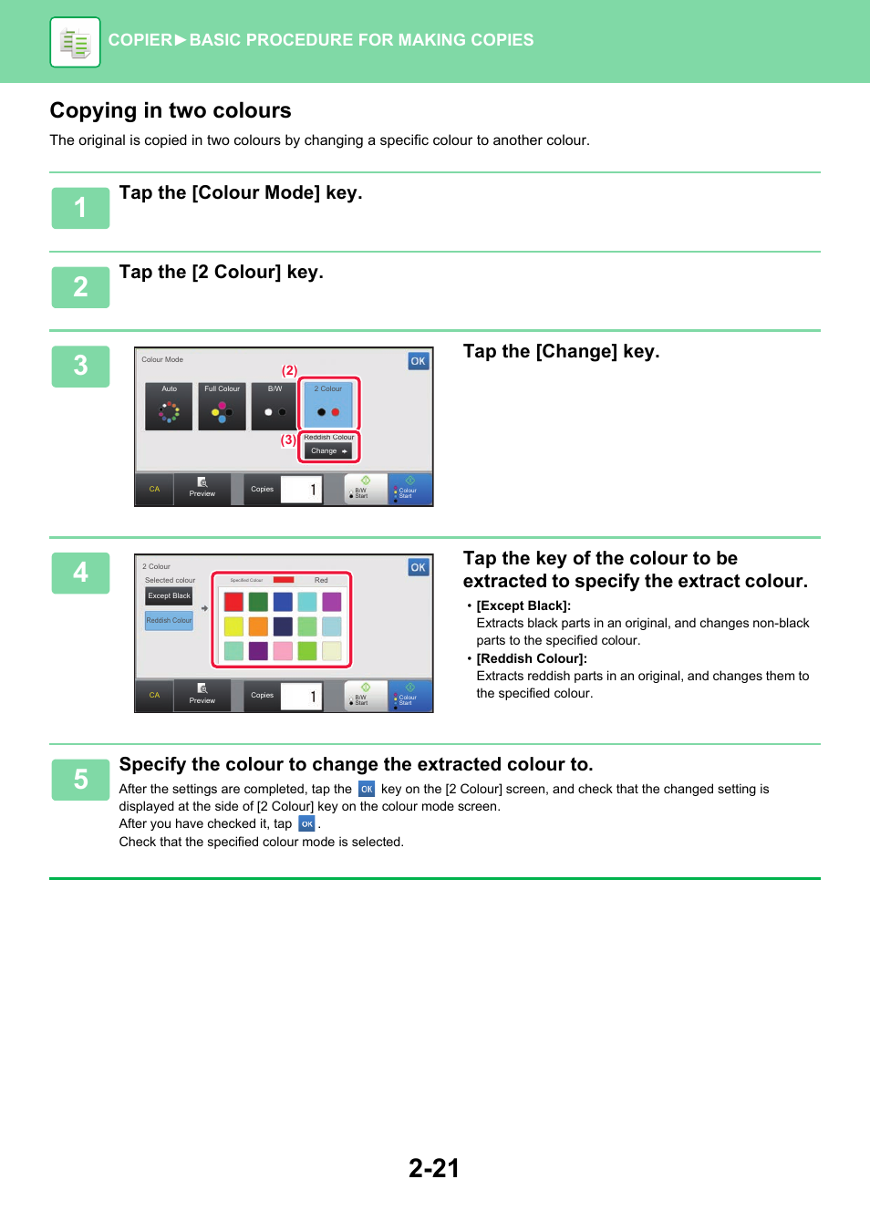 Copying in two colours, Tap the [colour mode] key, Tap the [2 colour] key | Tap the [change] key, Copier ► basic procedure for making copies | Sharp MX-6070N User Manual | Page 185 / 935