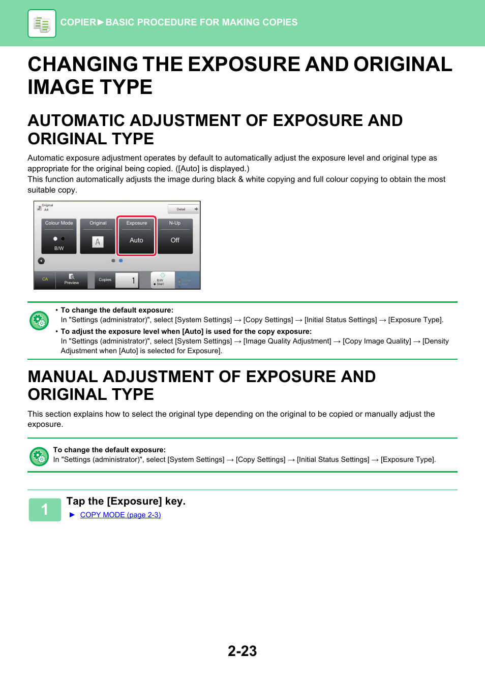 Changing the exposure and original image type -23, Automatic adjustment of exposure, And original type -23 | Manual adjustment of exposure and, Original type -23, Osure, Changing the exposure and original image type, Automatic adjustment of exposure and original type, Manual adjustment of exposure and original type, Tap the [exposure] key | Sharp MX-6070N User Manual | Page 187 / 935