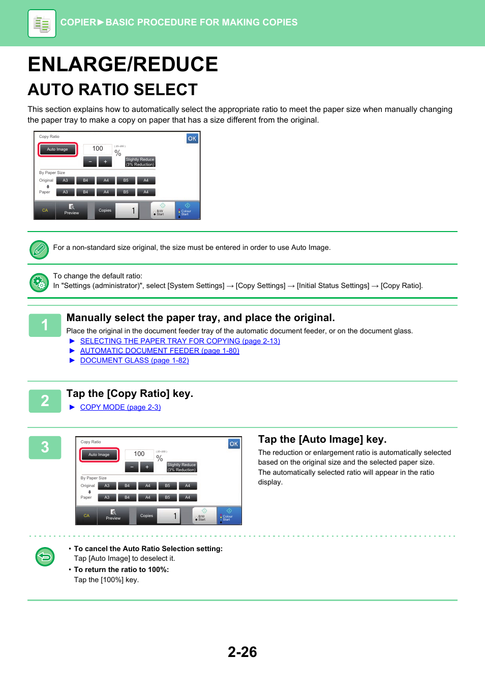 Enlarge/reduce -26, Auto ratio select -26, Enlarge/reduce | Auto ratio select, Tap the [copy ratio] key, Tap the [auto image] key, Copier ► basic procedure for making copies | Sharp MX-6070N User Manual | Page 190 / 935