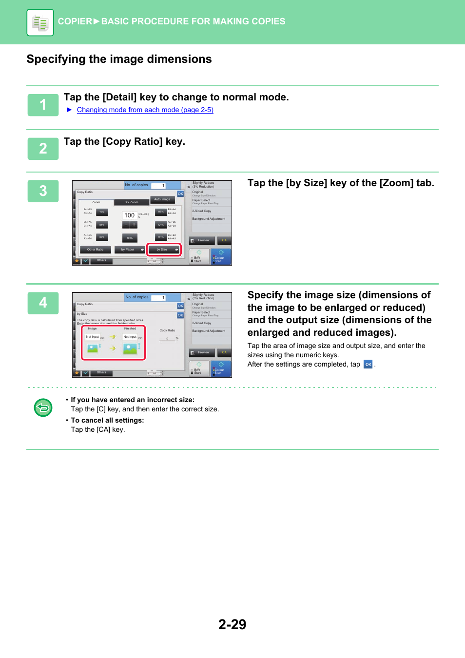 Specifying the image dimensions, Tap the [detail] key to change to normal mode, Tap the [copy ratio] key | Tap the [by size] key of the [zoom] tab, Copier ► basic procedure for making copies, Changing mode from each mode (page 2-5) | Sharp MX-6070N User Manual | Page 193 / 935