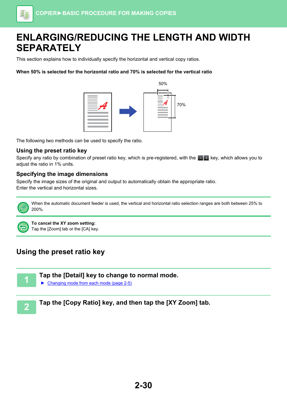 Enlarging/reducing the length and, Width separately -30, Enlarging/reducing the length and width separately | Using the preset ratio key | Sharp MX-6070N User Manual | Page 194 / 935