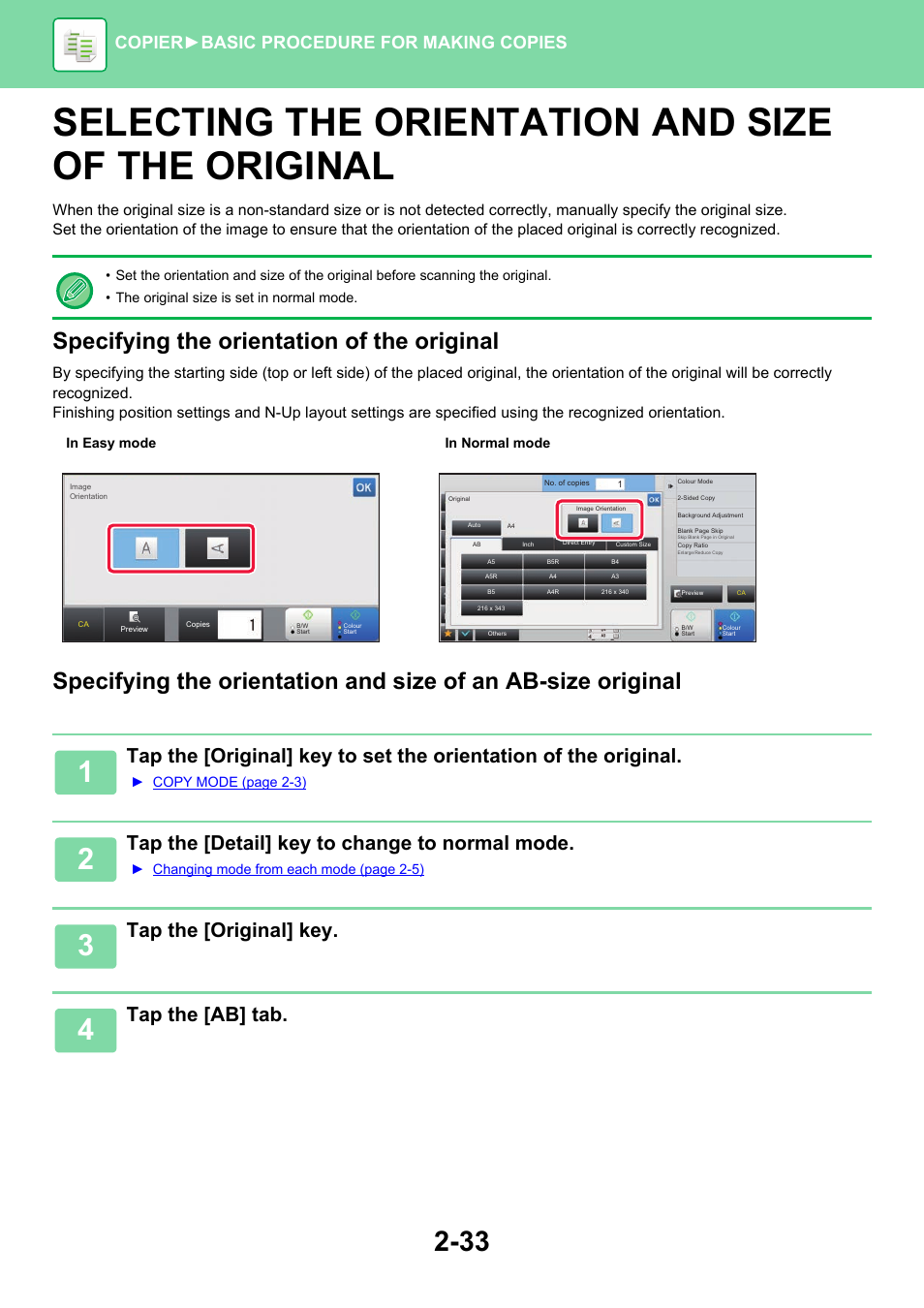 Selecting the orientation and size of the original, Specifying the orientation of the original, Tap the [detail] key to change to normal mode | Tap the [original] key, Tap the [ab] tab, Copier ► basic procedure for making copies | Sharp MX-6070N User Manual | Page 197 / 935