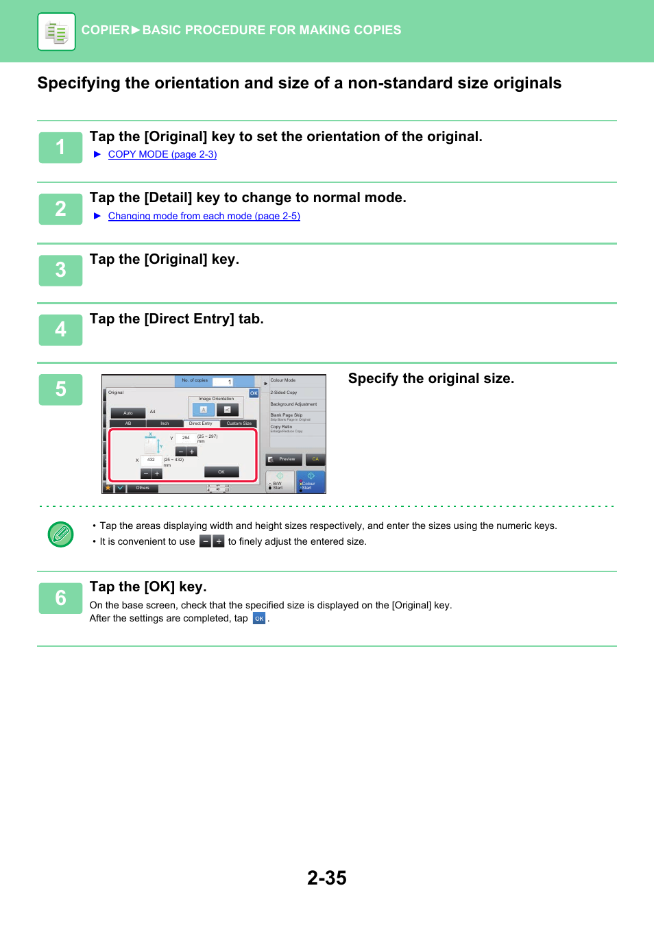 Tap the [detail] key to change to normal mode, Tap the [original] key, Tap the [direct entry] tab | Specify the original size, Tap the [ok] key, Copier ► basic procedure for making copies | Sharp MX-6070N User Manual | Page 199 / 935