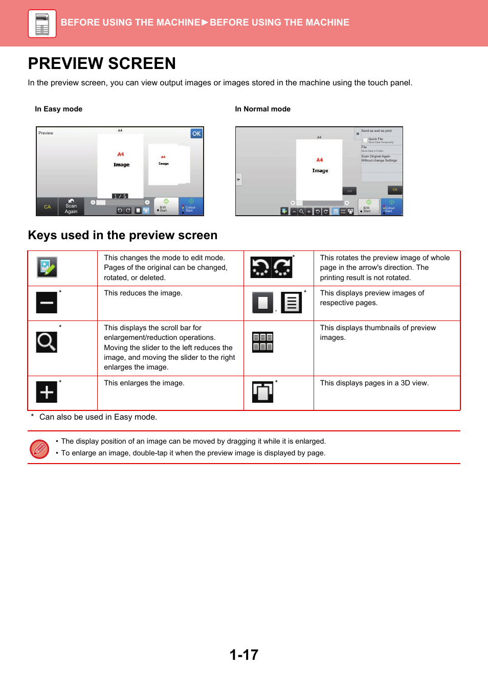 Preview screen -17, Preview screen, Keys used in the preview screen | Before using the machine ►before using the machine | Sharp MX-6070N User Manual | Page 20 / 935