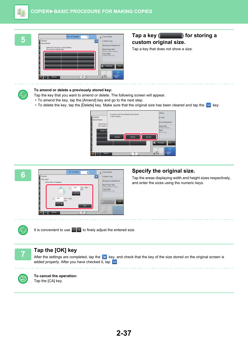 Tap a key ( ) for storing a custom original size, Specify the original size, Tap the [ok] key | Copier ► basic procedure for making copies | Sharp MX-6070N User Manual | Page 201 / 935