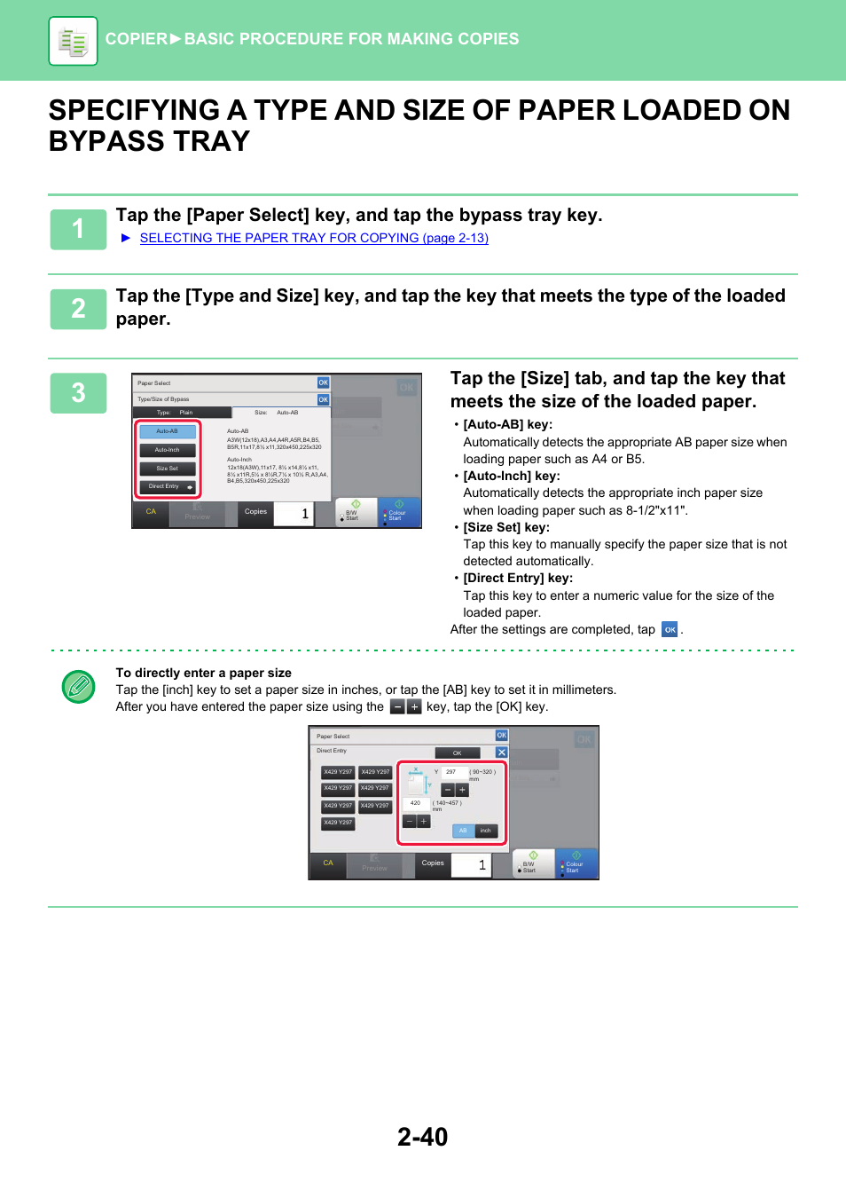 Specifying a type and size of paper, Loaded on bypass tray -40, Specifying a type and size of paper loaded | Copier ► basic procedure for making copies | Sharp MX-6070N User Manual | Page 204 / 935