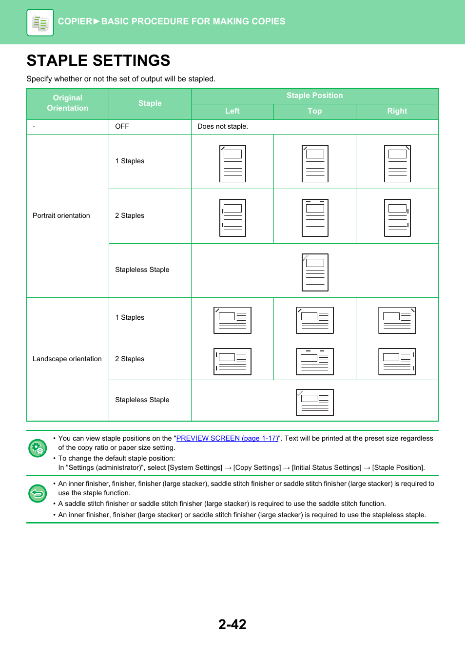 Staple settings -42, Punch, Staple settings | Sharp MX-6070N User Manual | Page 206 / 935